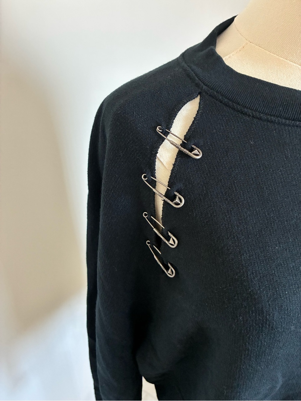 The Kooples Sport Black Crewneck Sweatshirt with Safety Pin Shoulder Detail - Picture 3 of 6